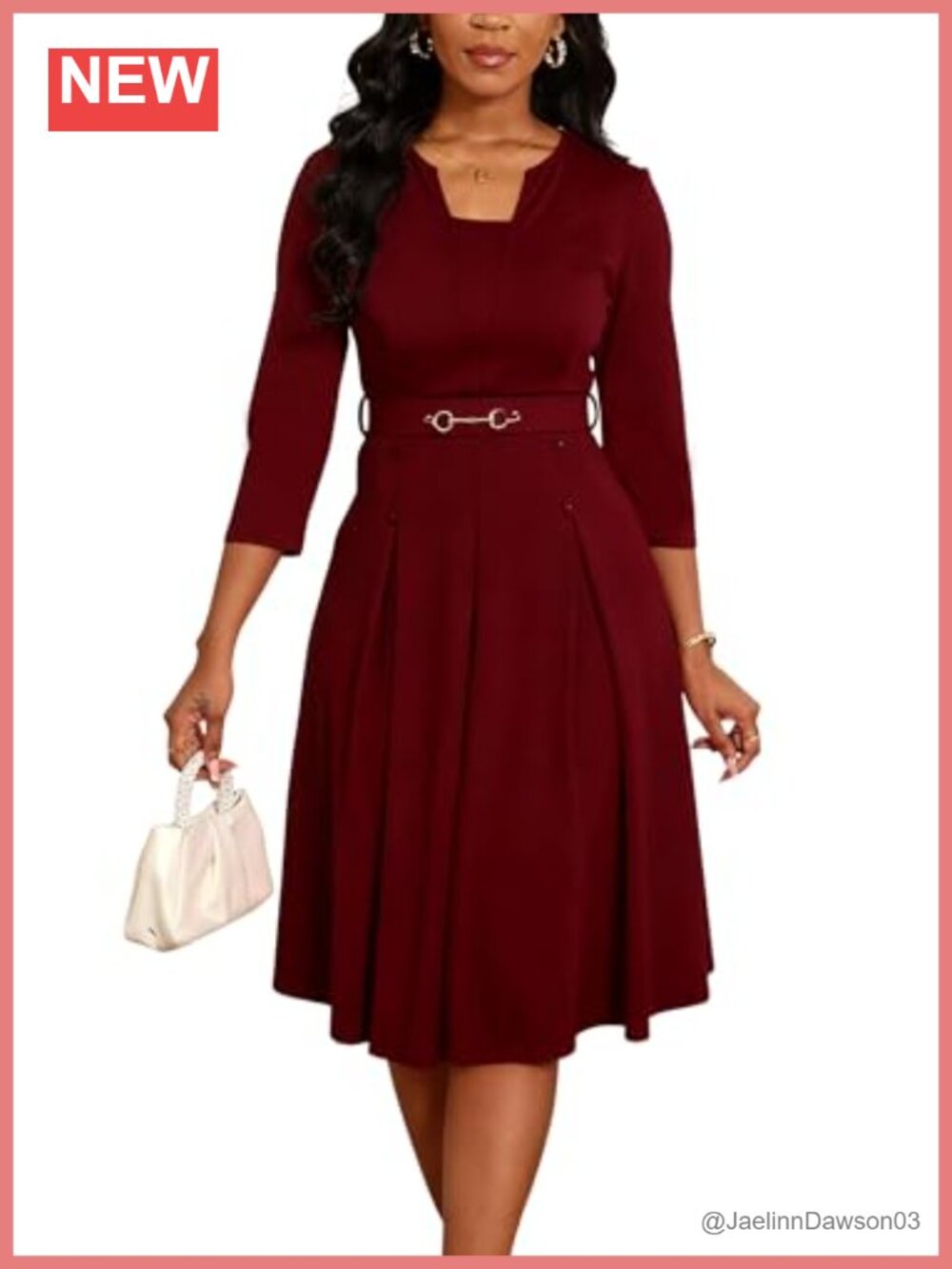 Womens 3/4 Sleeve A Line Midi Dress Belted Semi Formal Fit Flare